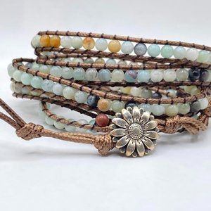 Natural Stone and Vegan Leather Wrap Bracelet/Belt with Silver Conch - Light